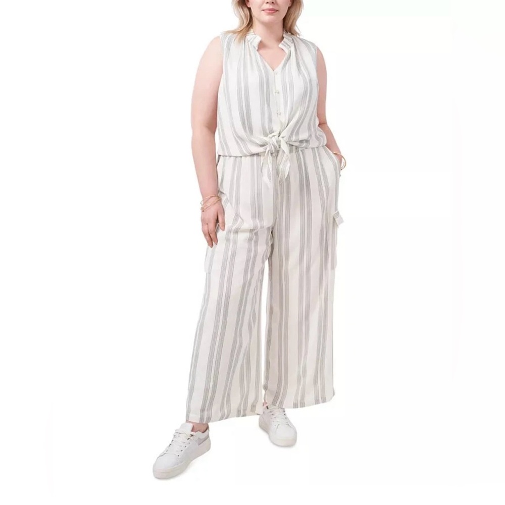 NWT 1.State Plus 1X Striped Tie Front Wide Leg Jumpsuit Soft Ecru
